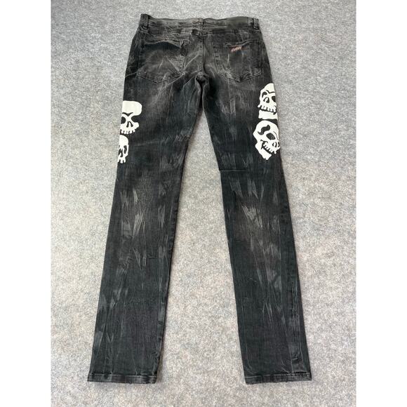 Bossi Men’s SPRP Leather Skull Black Faded Skinny Fitted Denim Jeans Size 34 - Picture 2 of 5